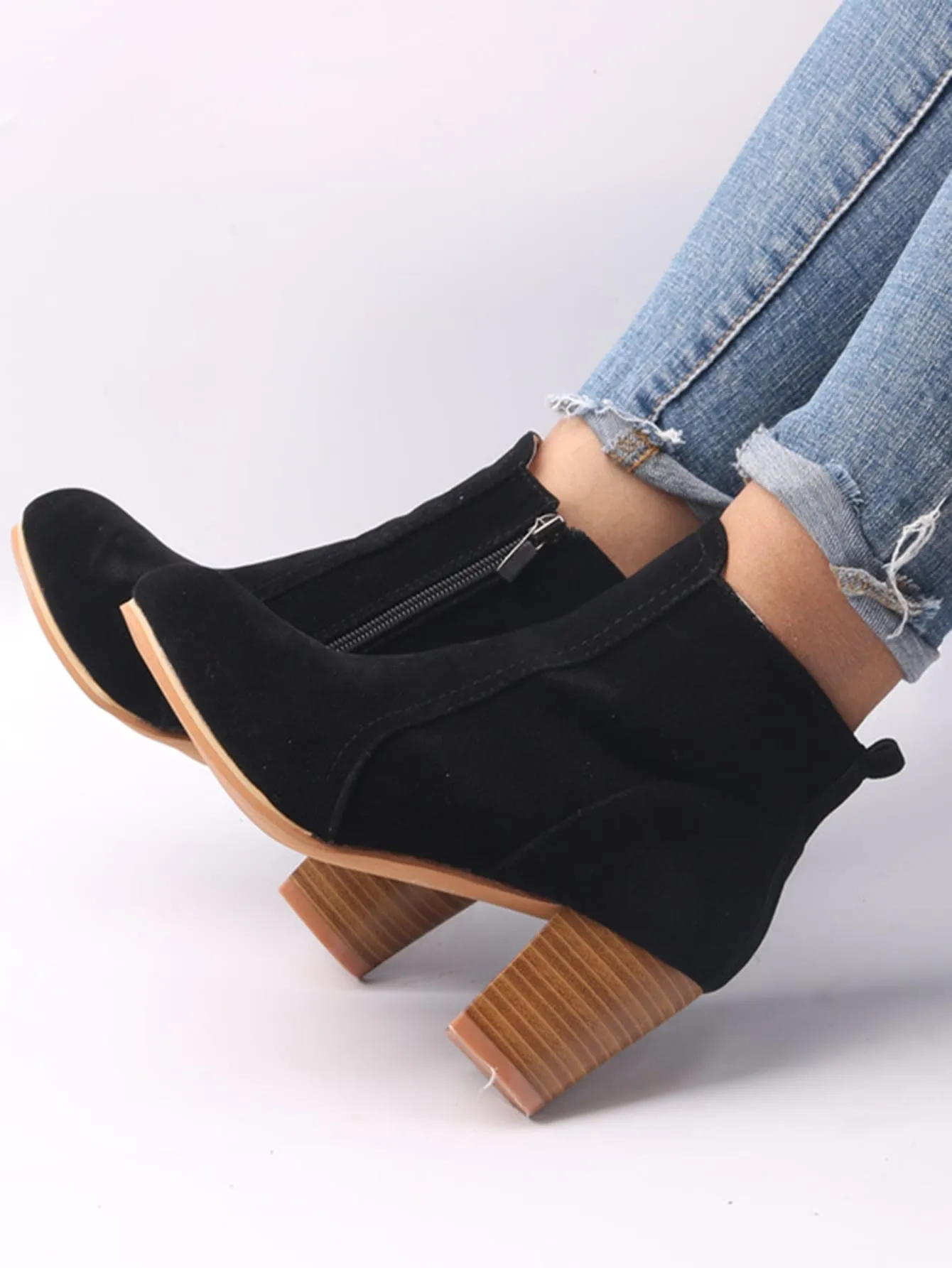 Faux Suede Zipper Side Chunky Heeled Boots - Black