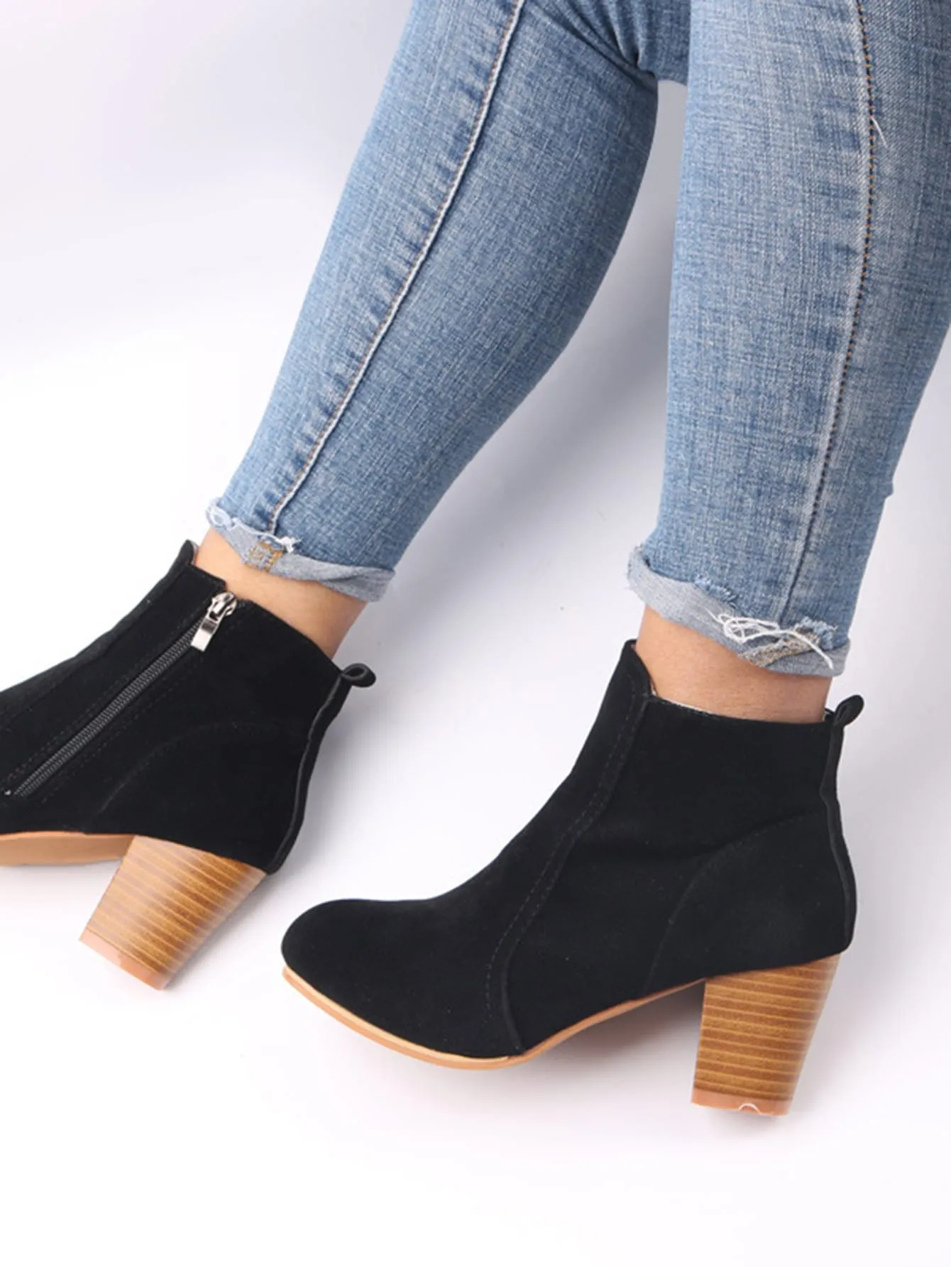 Faux Suede Zipper Side Chunky Heeled Boots - Black