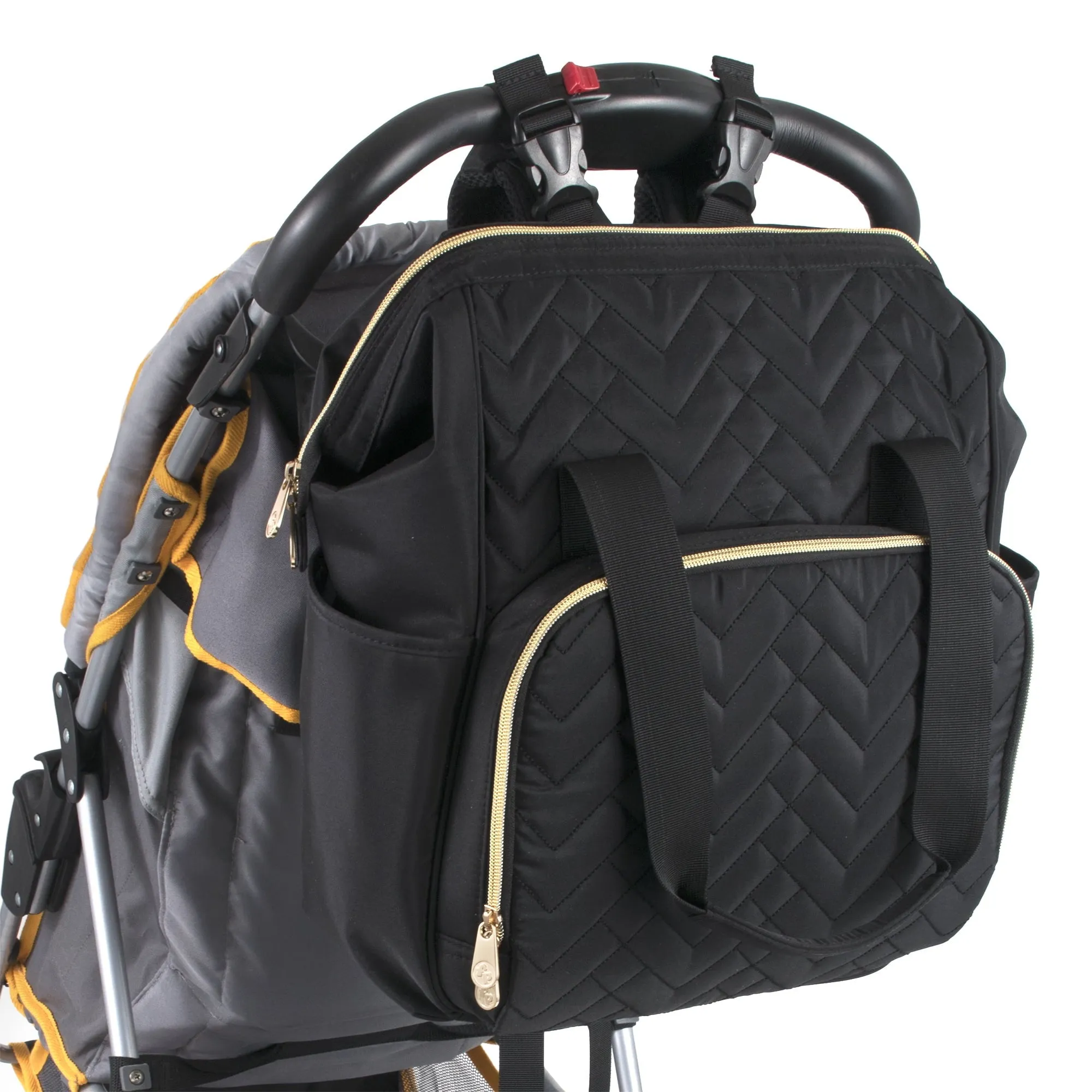 Fisher-Price Emerson Multi-Pocket Quilted Diaper Bag Backpack Tote with Matching Changing Pad, Insulated Bottle Compartment, Electronics Pocket and Stroller Straps in Midnight Black