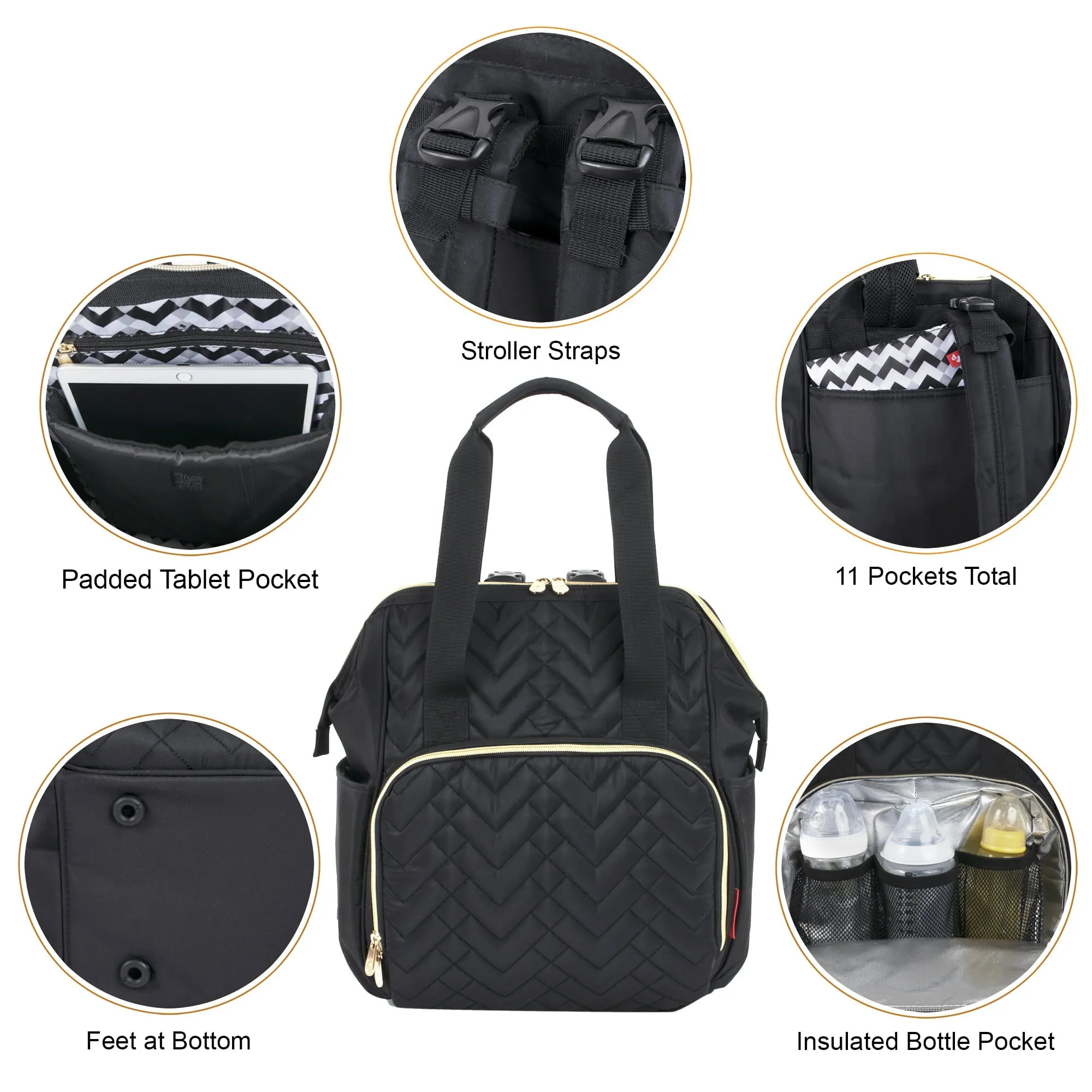 Fisher-Price Emerson Multi-Pocket Quilted Diaper Bag Backpack Tote with Matching Changing Pad, Insulated Bottle Compartment, Electronics Pocket and Stroller Straps in Midnight Black
