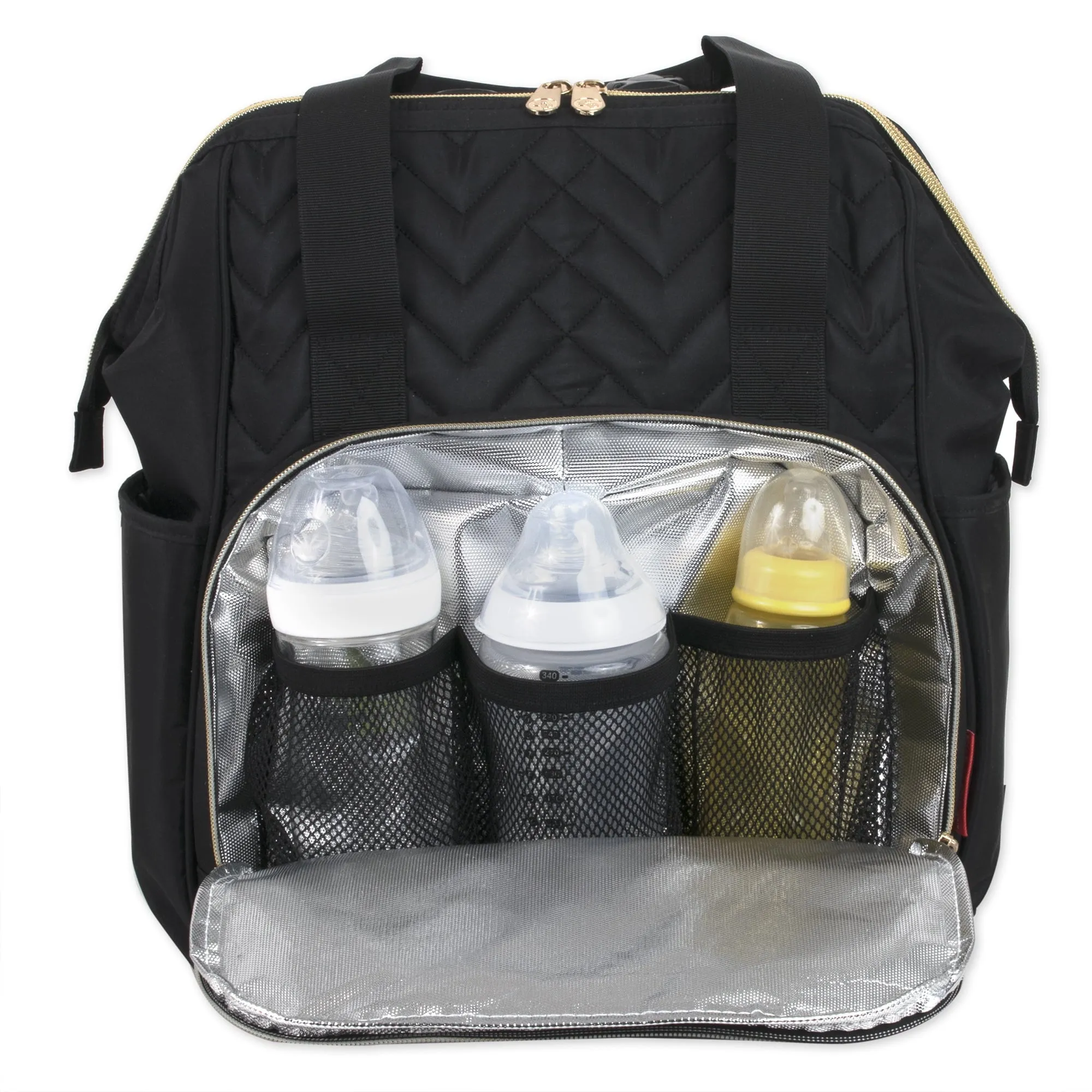 Fisher-Price Emerson Multi-Pocket Quilted Diaper Bag Backpack Tote with Matching Changing Pad, Insulated Bottle Compartment, Electronics Pocket and Stroller Straps in Midnight Black