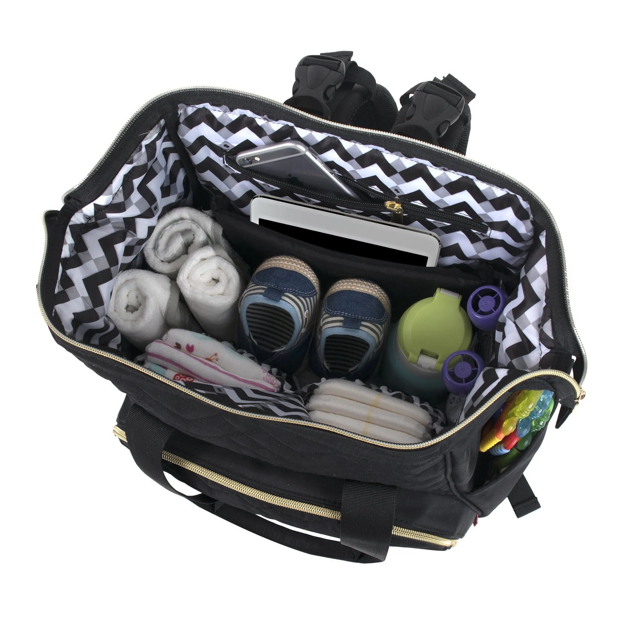 Fisher-Price Emerson Multi-Pocket Quilted Diaper Bag Backpack Tote with Matching Changing Pad, Insulated Bottle Compartment, Electronics Pocket and Stroller Straps in Midnight Black