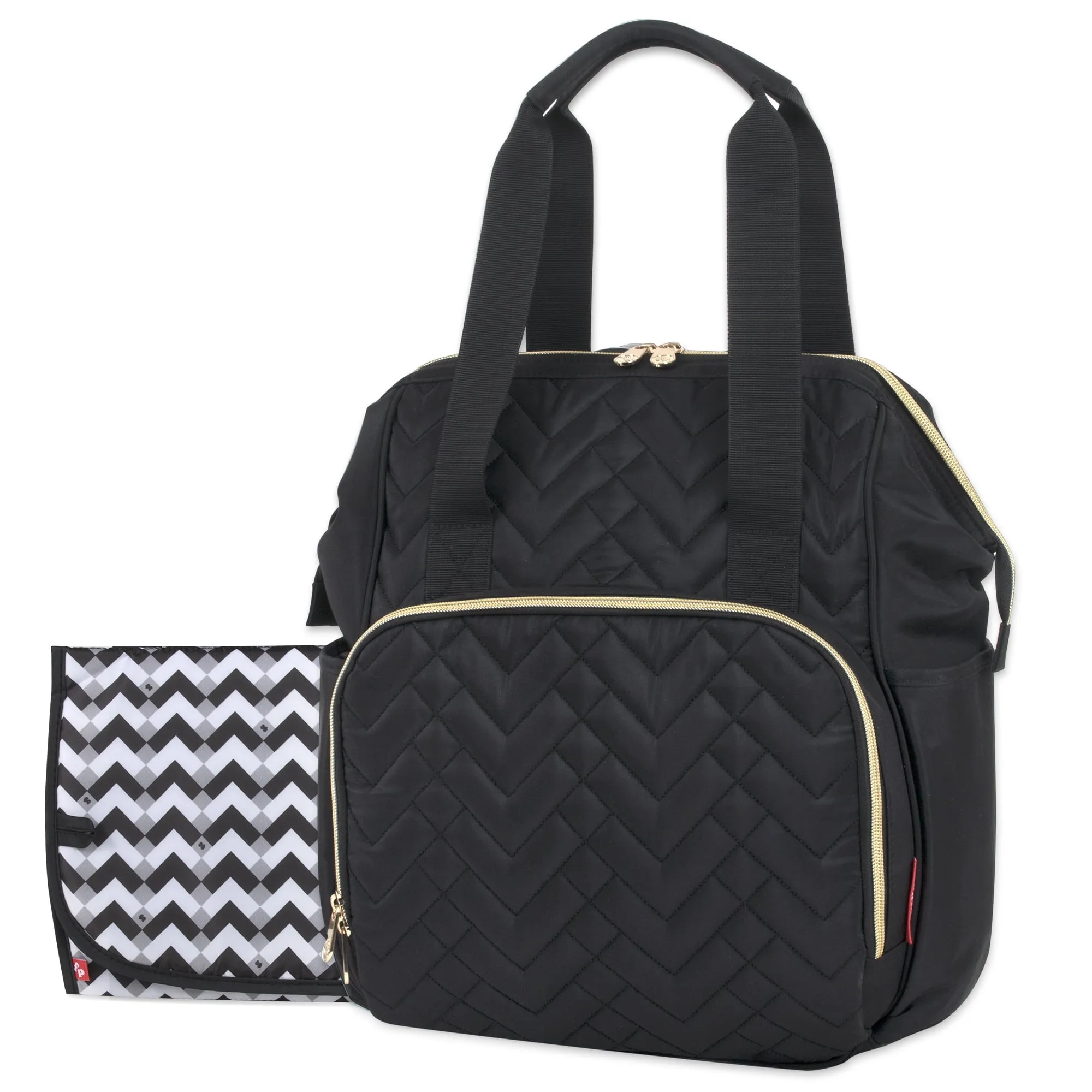 Fisher-Price Emerson Multi-Pocket Quilted Diaper Bag Backpack Tote with Matching Changing Pad, Insulated Bottle Compartment, Electronics Pocket and Stroller Straps in Midnight Black
