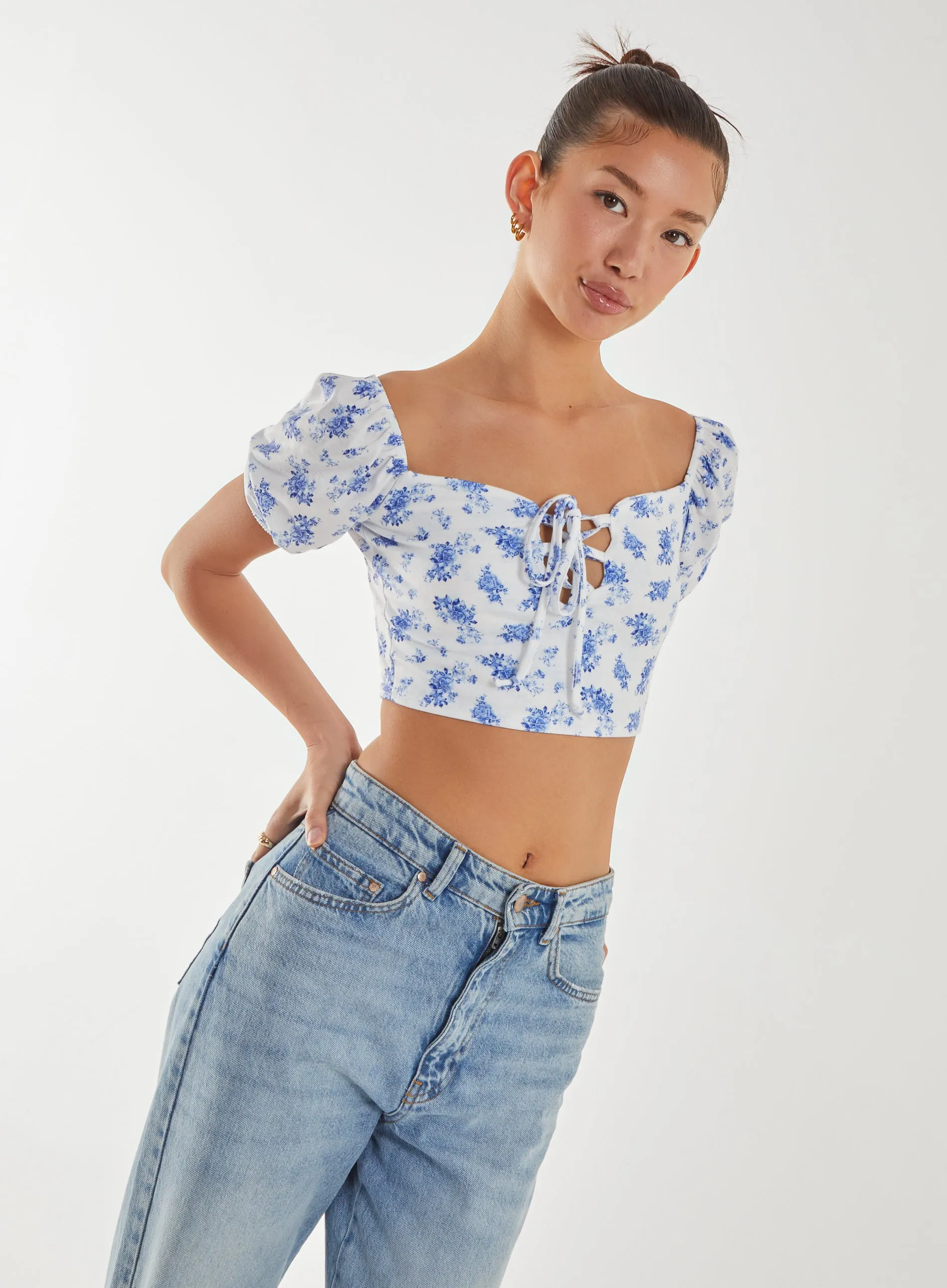 Floral Puff Sleeve Crop Top