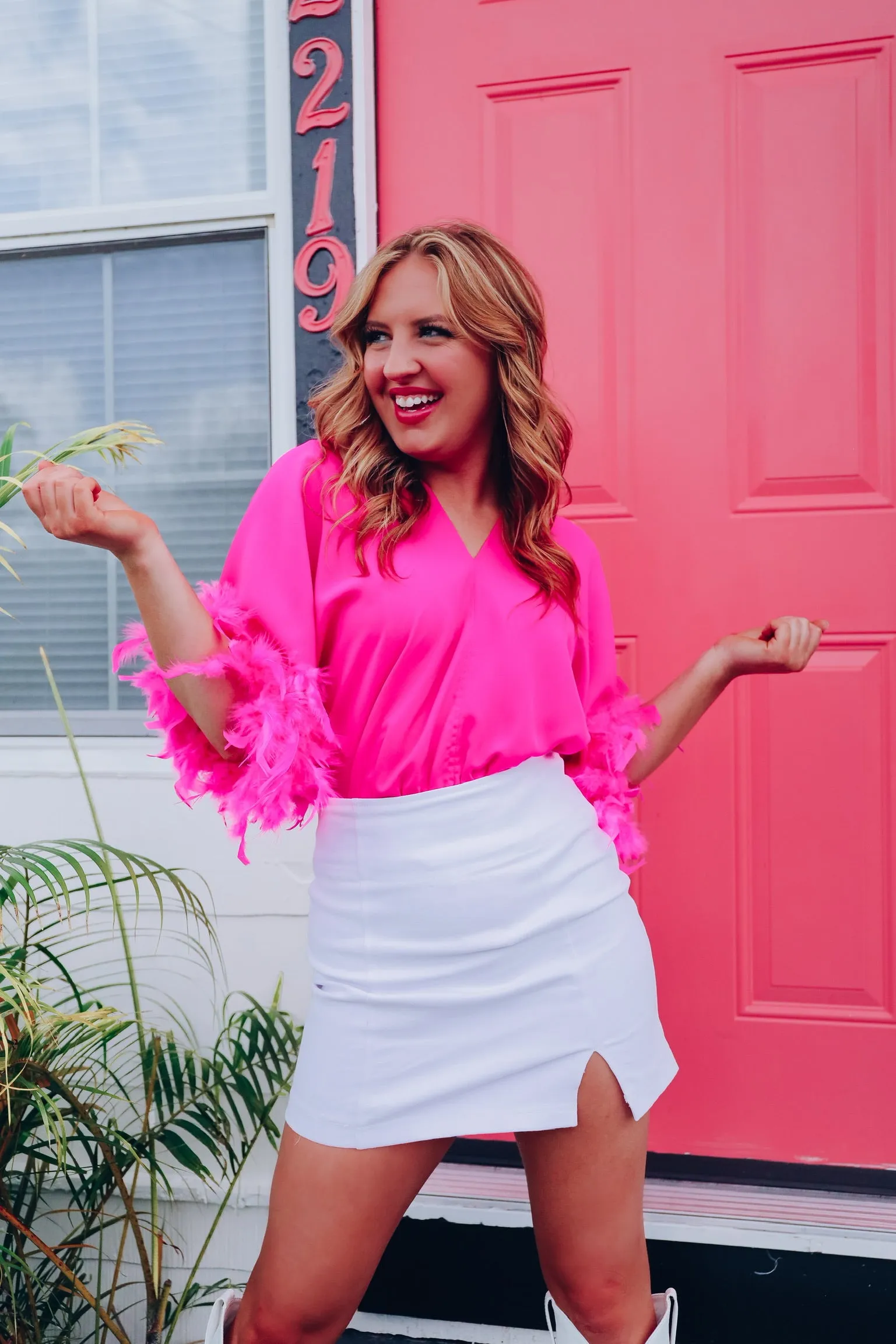 Follow My Lead Feather Sleeve Bodysuit - Pink