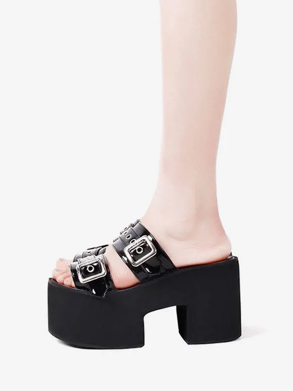 Gothic Lolita Sandals Black Patent PU Upper Round Toe Lolita Summer Shoes