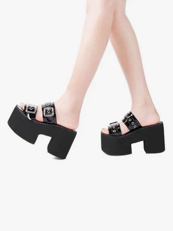 Gothic Lolita Sandals Black Patent PU Upper Round Toe Lolita Summer Shoes
