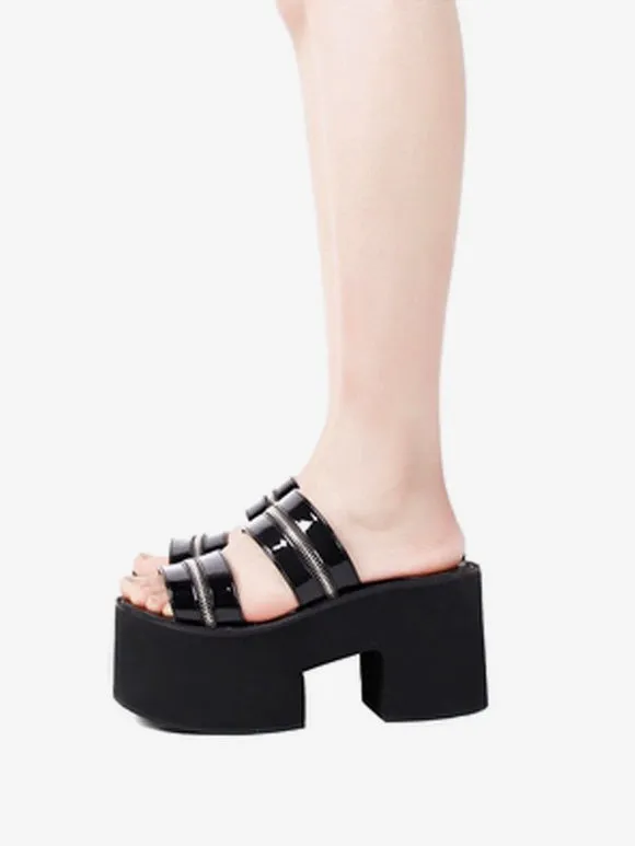 Gothic Lolita Sandals Round Toe Patent PU Upper Black Lolita Summer Shoes