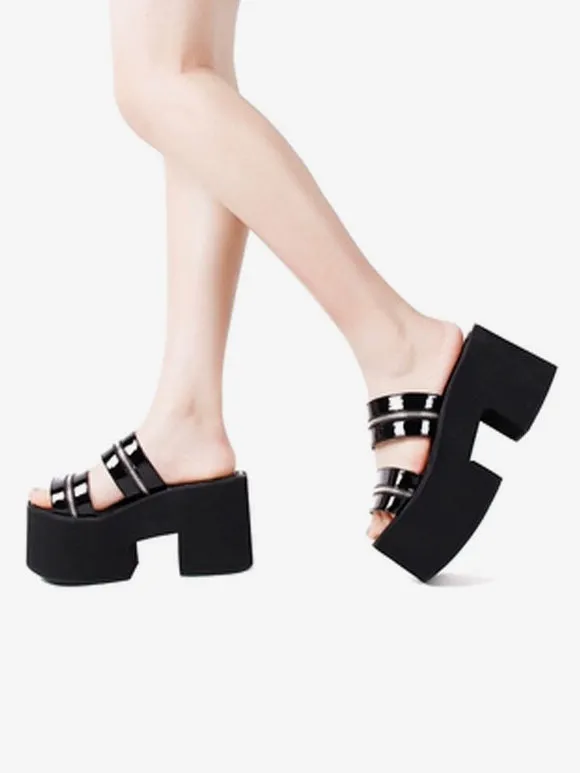 Gothic Lolita Sandals Round Toe Patent PU Upper Black Lolita Summer Shoes