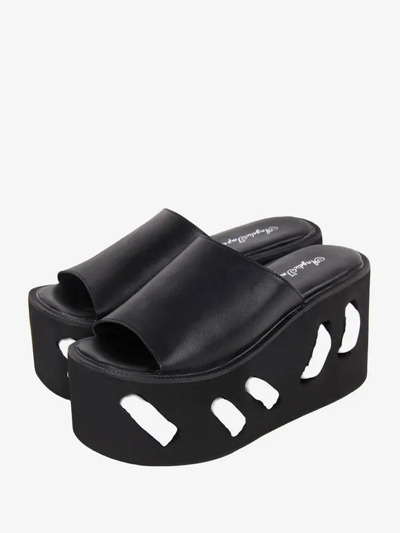Gothic Lolita Sandals Round Toe PU Leather Black Lolita Summer Shoes