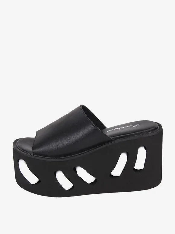 Gothic Lolita Sandals Round Toe PU Leather Black Lolita Summer Shoes