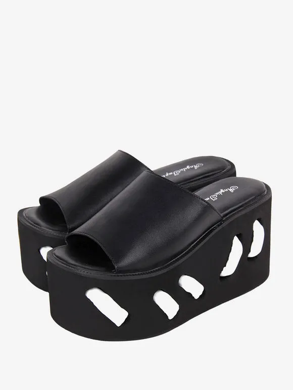 Gothic Lolita Sandals Round Toe PU Leather Black Lolita Summer Shoes