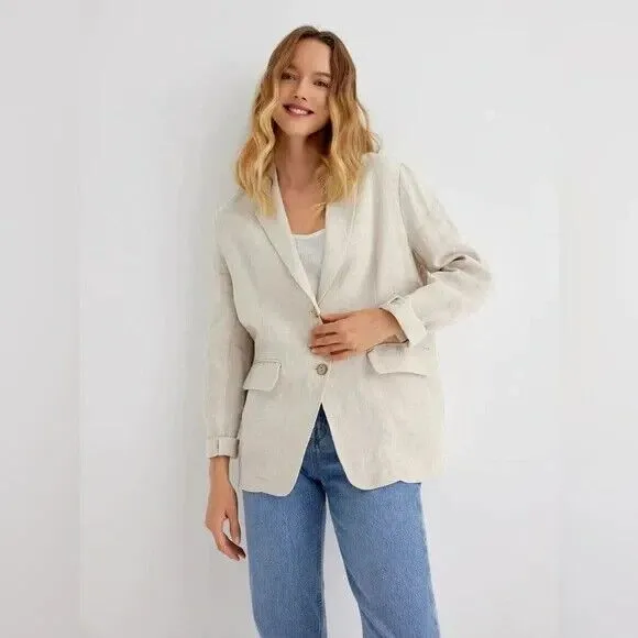 Grae Cove Boyfriend Linen Flax Blazer sz XXL Natural Beige Lagenlook Pockets NEW