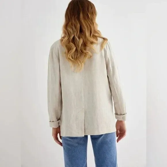 Grae Cove Boyfriend Linen Flax Blazer sz XXL Natural Beige Lagenlook Pockets NEW