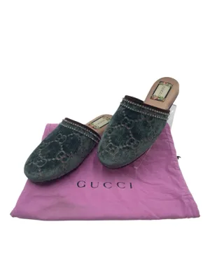 Gucci Velvet GG Monogram Crystal Mules Womens 37 = Us size 7