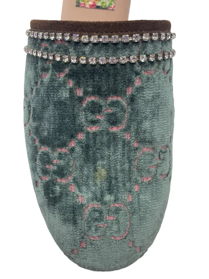 Gucci Velvet GG Monogram Crystal Mules Womens 37 = Us size 7
