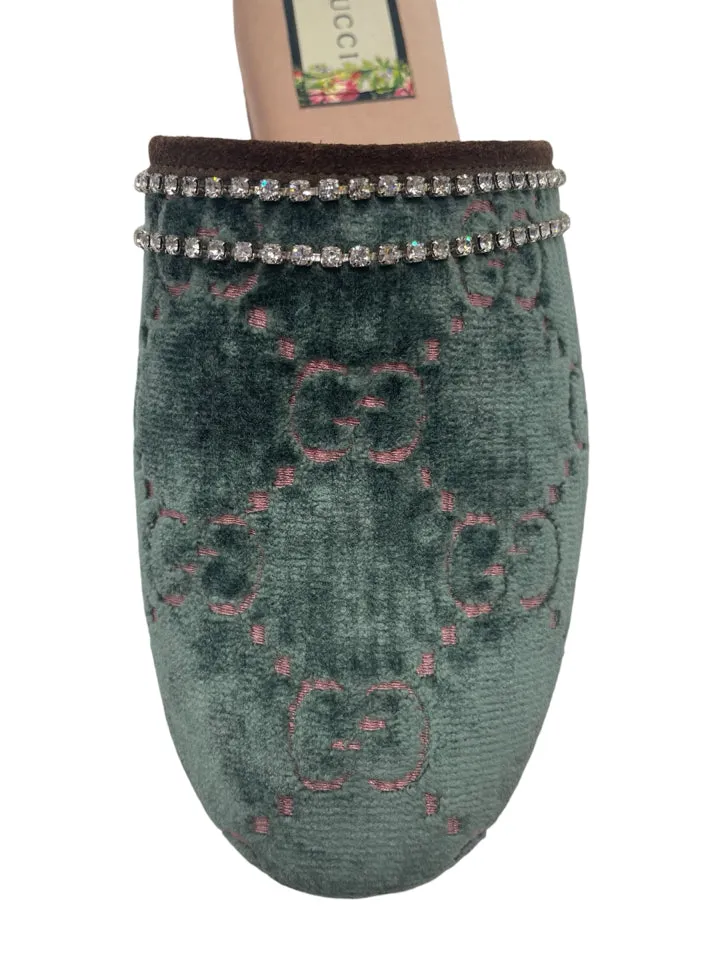 Gucci Velvet GG Monogram Crystal Mules Womens 37 = Us size 7