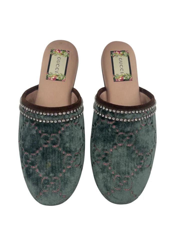 Gucci Velvet GG Monogram Crystal Mules Womens 37 = Us size 7