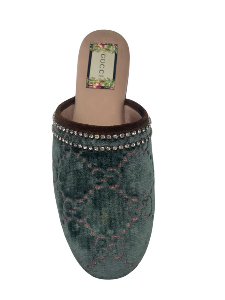 Gucci Velvet GG Monogram Crystal Mules Womens 37 = Us size 7
