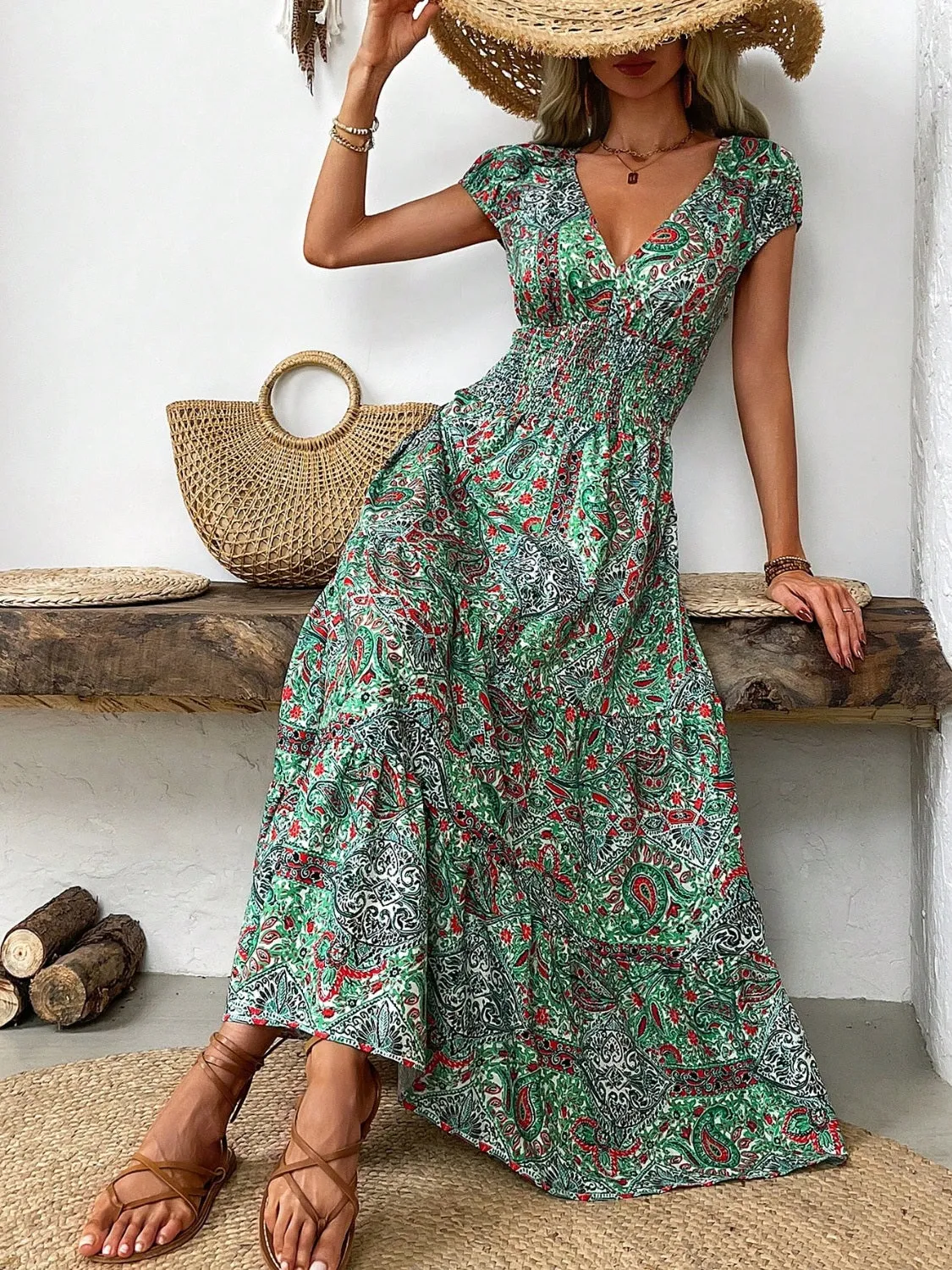 Hailey Smocked Printed Cap Sleeve Midi Dress - Online Exclusive