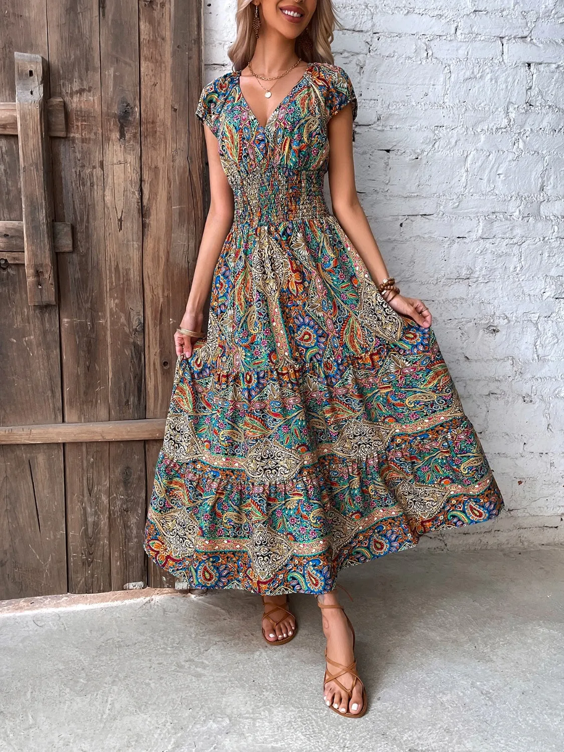 Hailey Smocked Printed Cap Sleeve Midi Dress - Online Exclusive