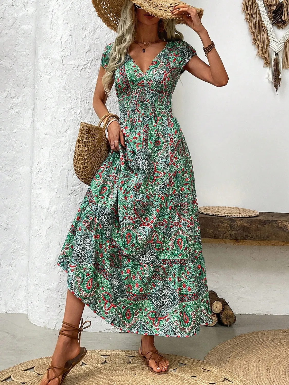 Hailey Smocked Printed Cap Sleeve Midi Dress - Online Exclusive