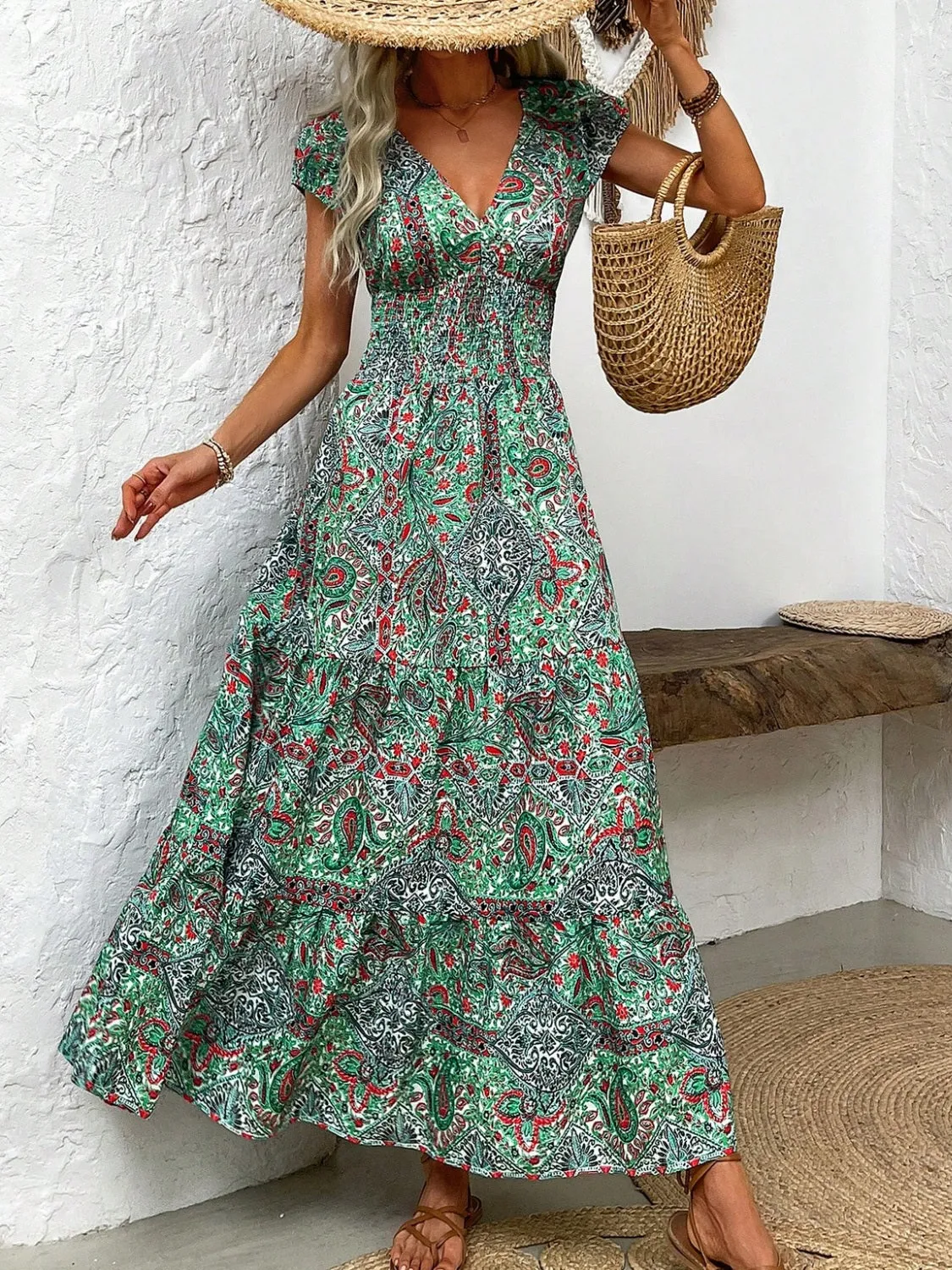 Hailey Smocked Printed Cap Sleeve Midi Dress - Online Exclusive