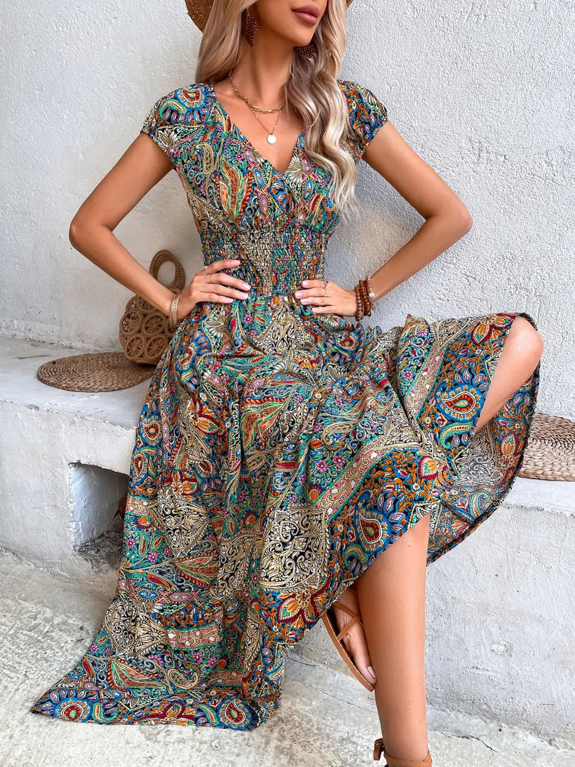 Hailey Smocked Printed Cap Sleeve Midi Dress - Online Exclusive