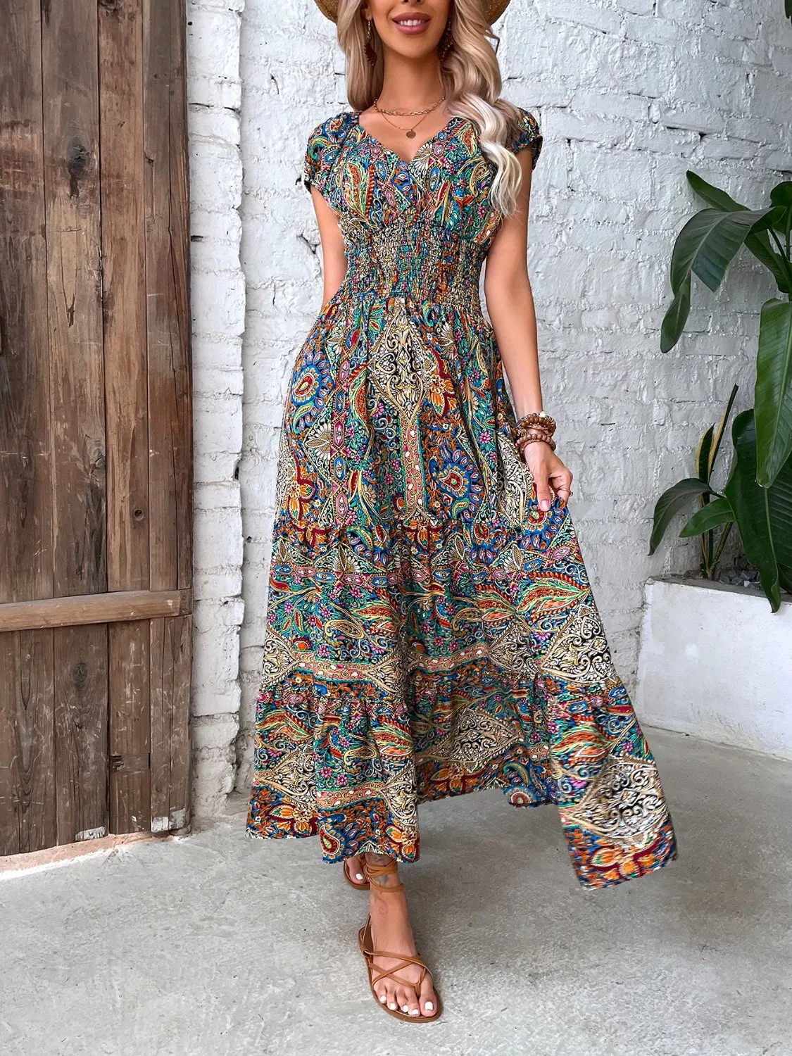 Hailey Smocked Printed Cap Sleeve Midi Dress - Online Exclusive