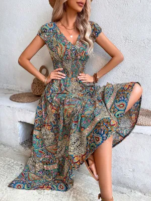 Hailey Smocked Printed Cap Sleeve Midi Dress - Online Exclusive