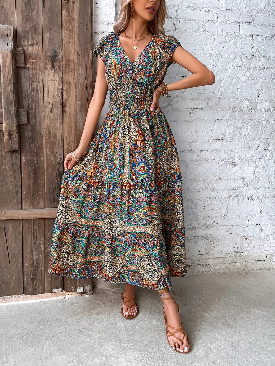 Hailey Smocked Printed Cap Sleeve Midi Dress - Online Exclusive