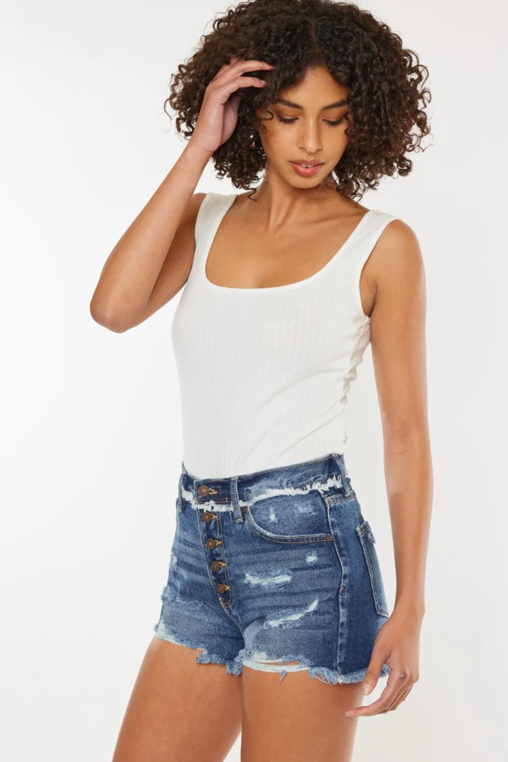 Hazel Blues® |  Kancan Distressed Button Fly Denim Shorts
