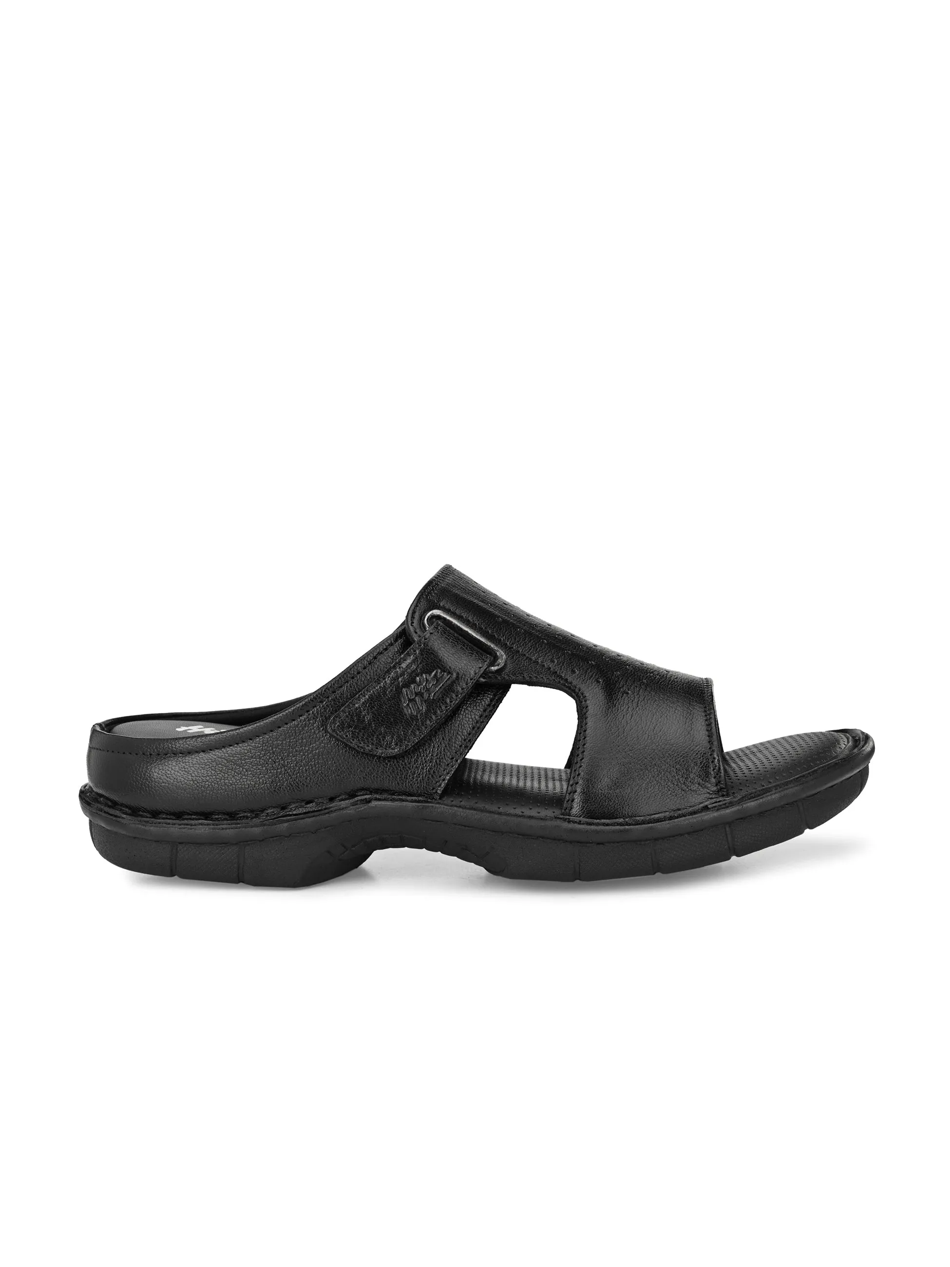 Hitz Men's Black Leather Open Toe Comfort Slippers