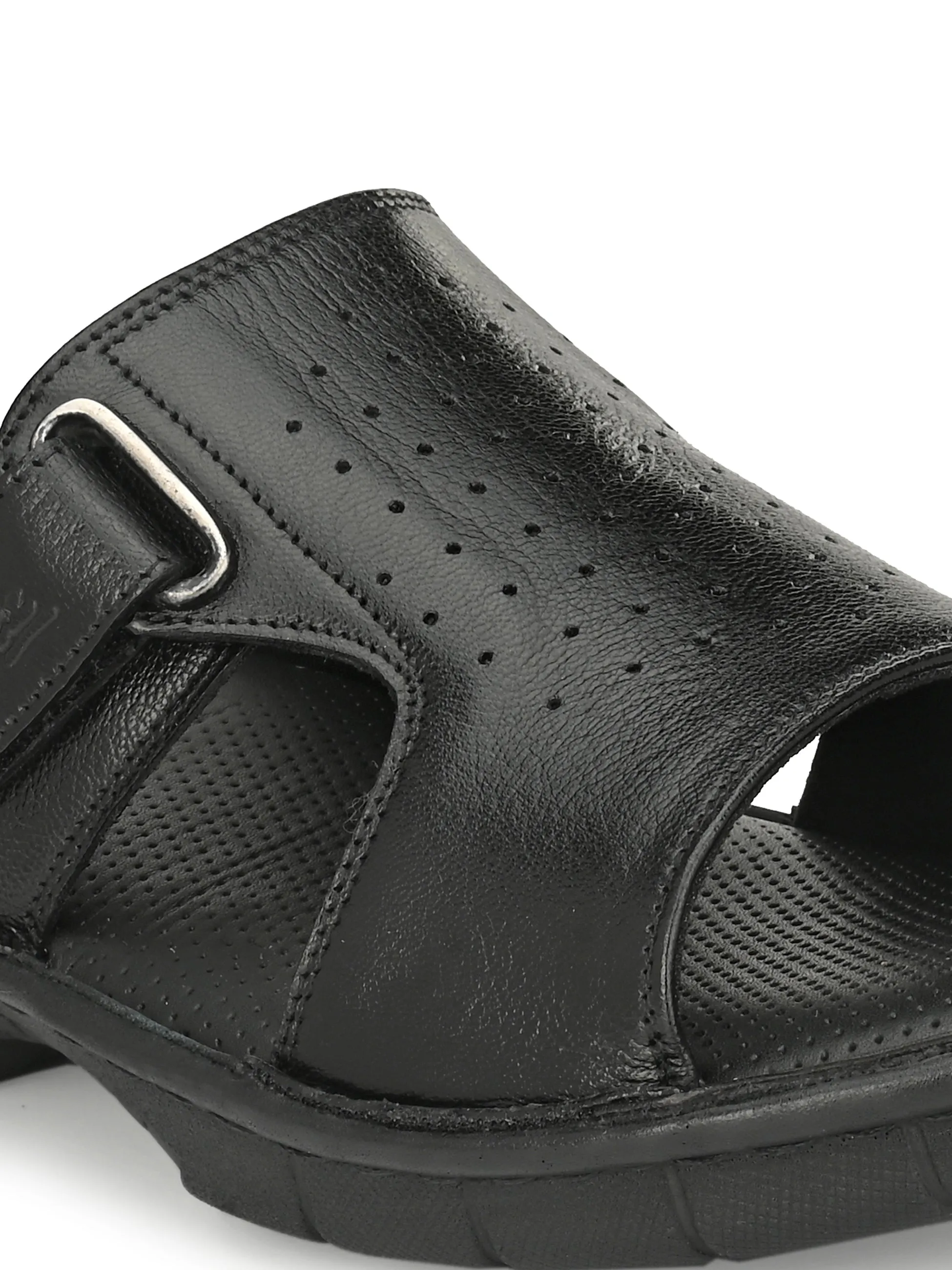 Hitz Men's Black Leather Open Toe Comfort Slippers