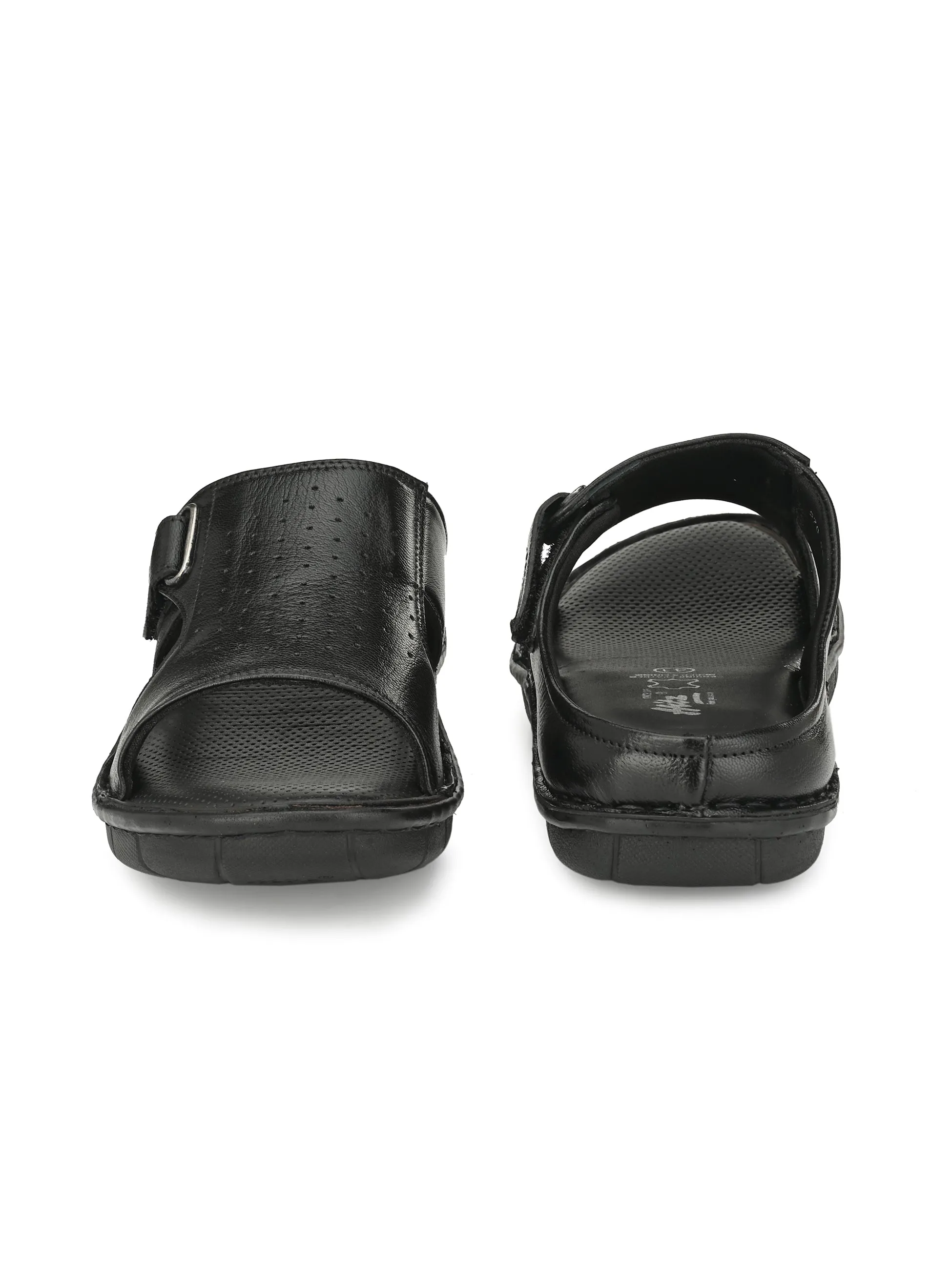 Hitz Men's Black Leather Open Toe Comfort Slippers