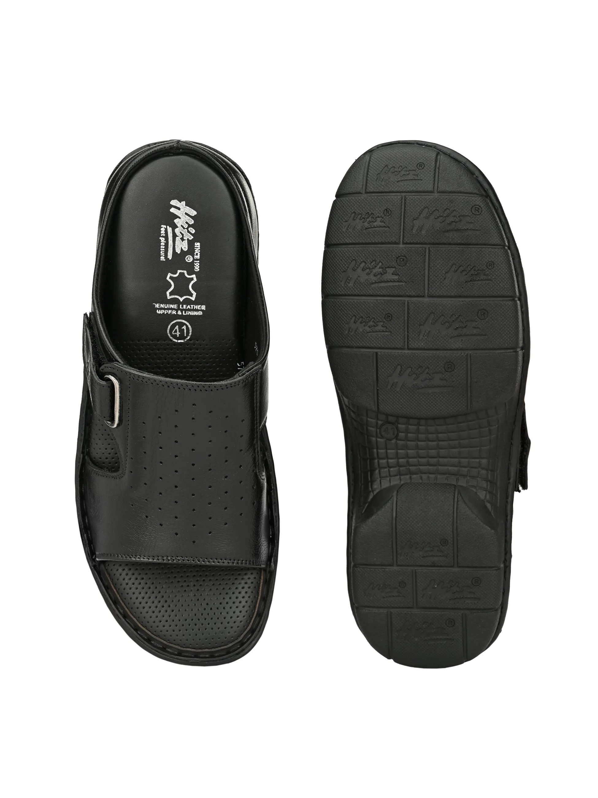 Hitz Men's Black Leather Open Toe Comfort Slippers