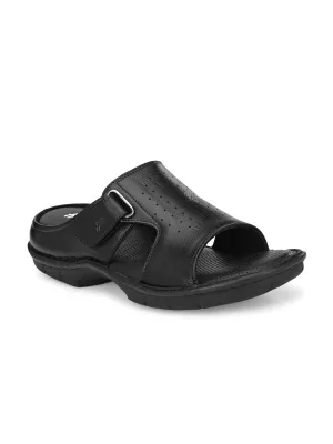 Hitz Men's Black Leather Open Toe Comfort Slippers
