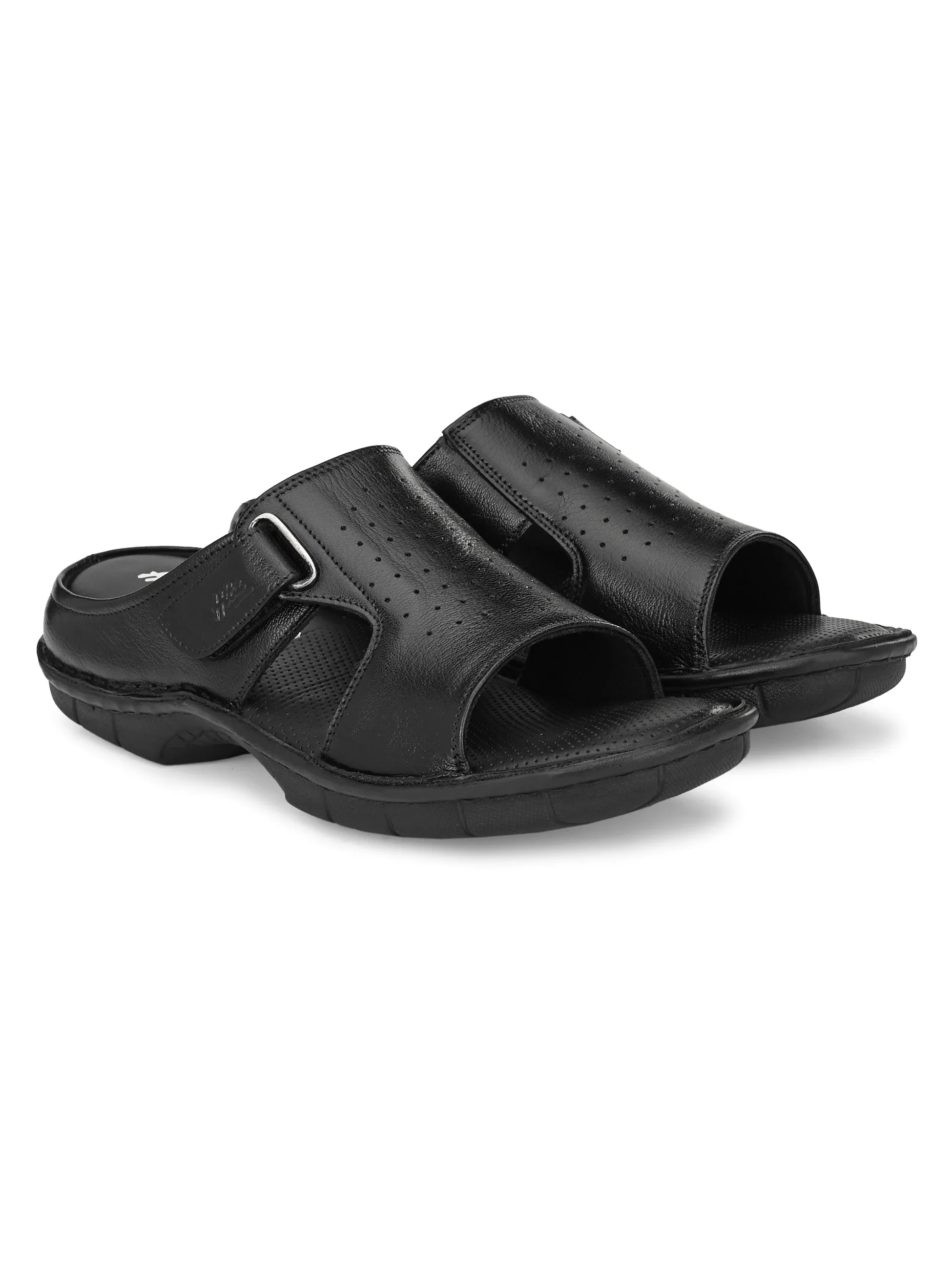 Hitz Men's Black Leather Open Toe Comfort Slippers