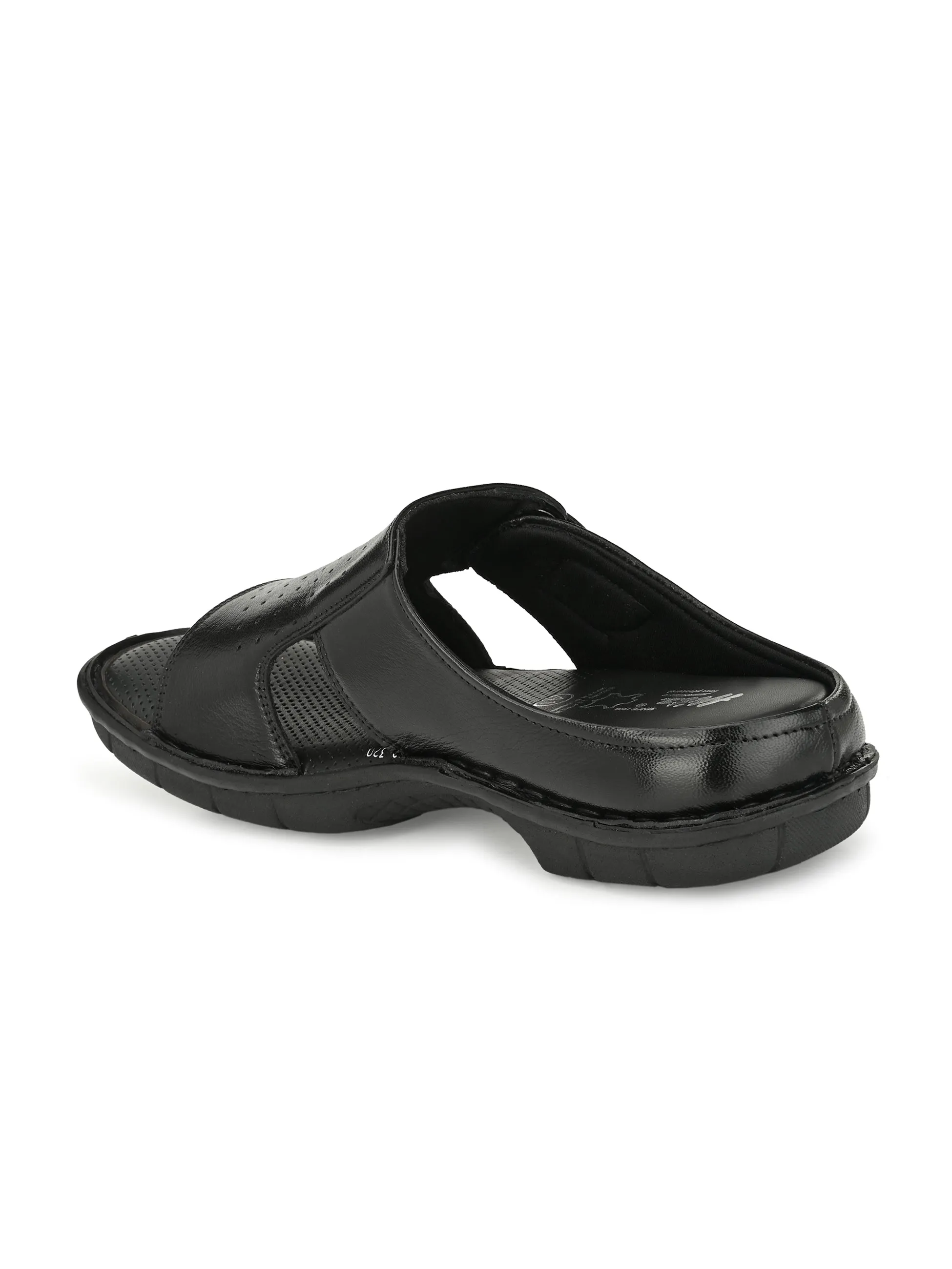 Hitz Men's Black Leather Open Toe Comfort Slippers