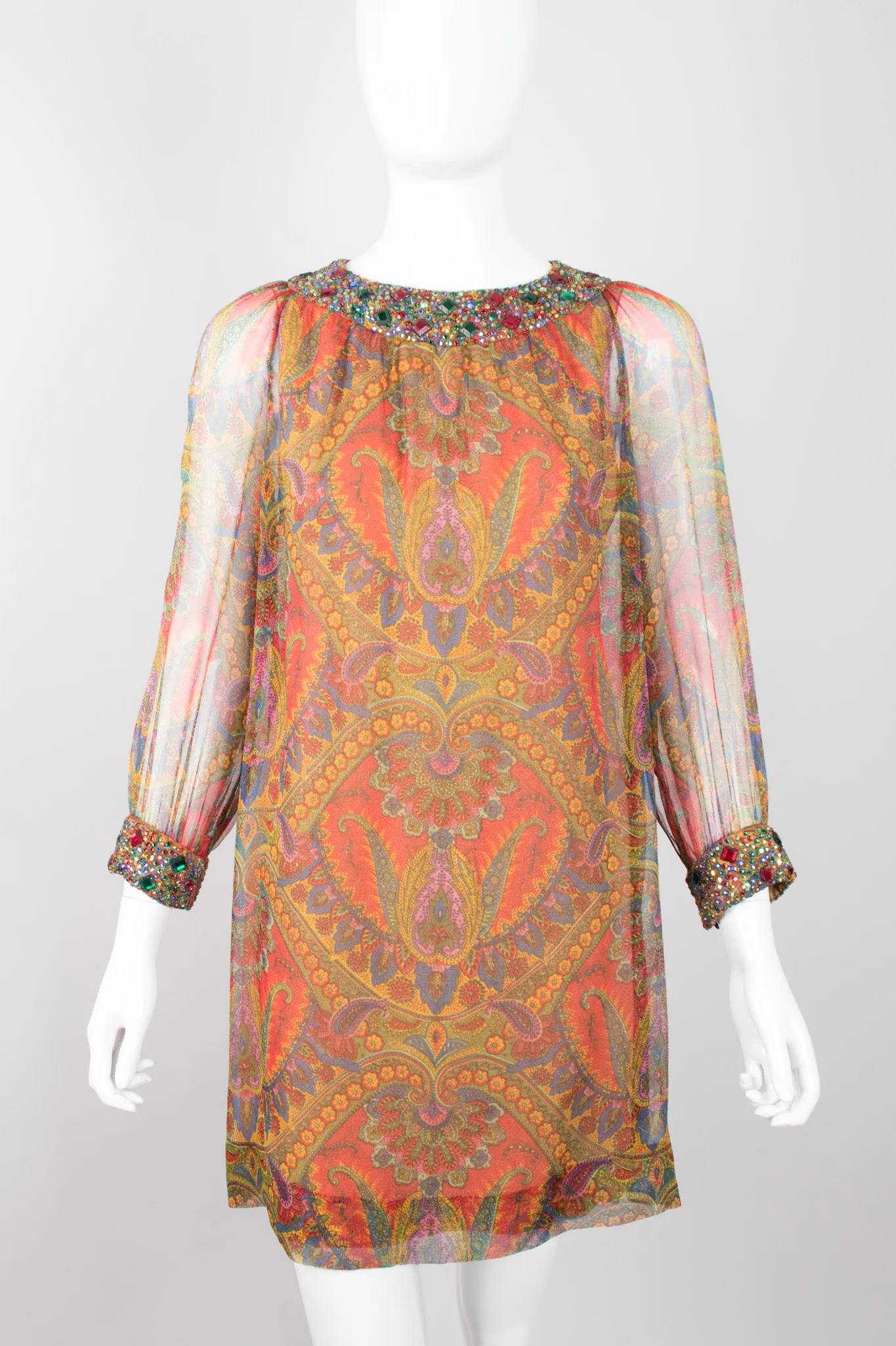 Jeweled Paisley Chiffon Dress