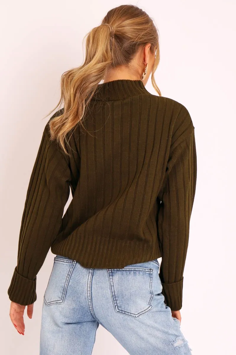 Khaki Knit High Neck Jumper - Jaelynn