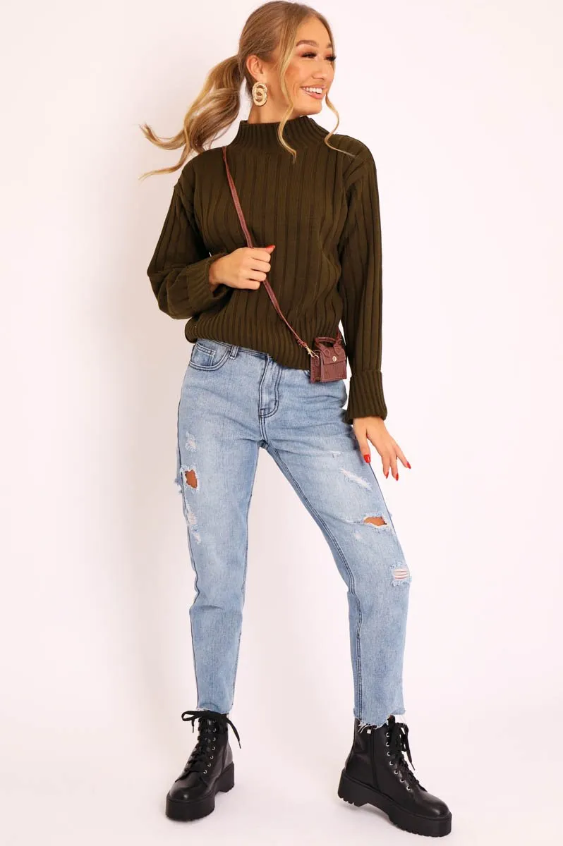 Khaki Knit High Neck Jumper - Jaelynn