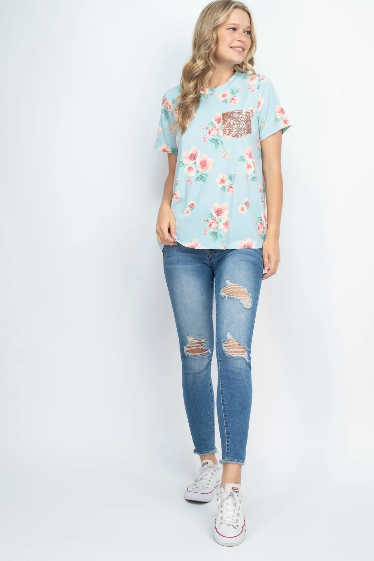 Lace Pocket Floral Print Top