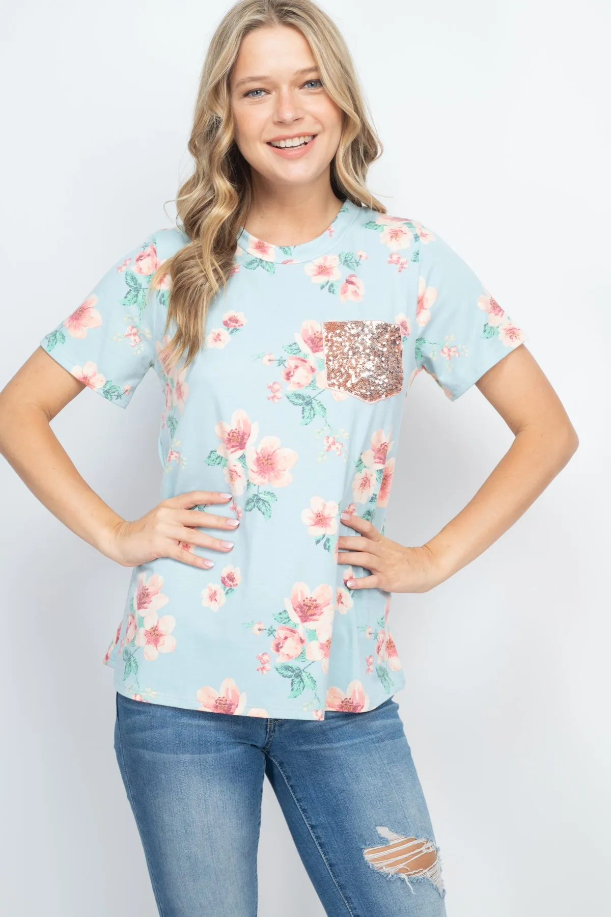 Lace Pocket Floral Print Top