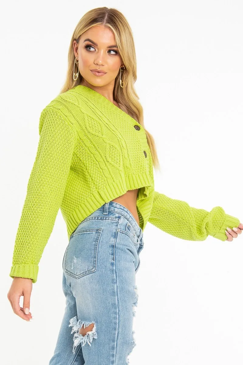 Lime Chunky Knit Button Up Crop Cardigan - Elly