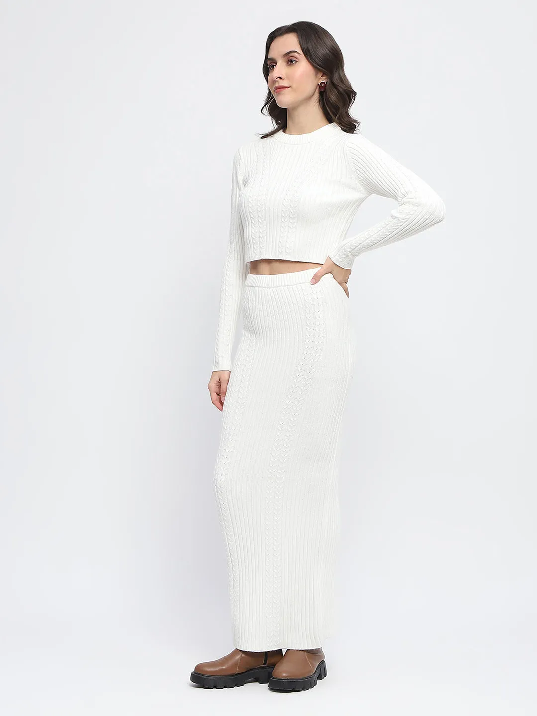 Madame Full Sleeve Top and Maxi Skirt Off White Co-ord Set
