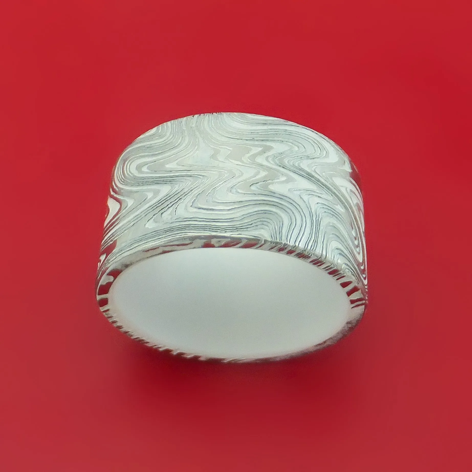 Marbled Kuro Damascus Steel Ring with Cerakote Inlay and Interior Cerakote Sleeve Custom Made Band
