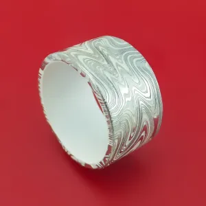 Marbled Kuro Damascus Steel Ring with Cerakote Inlay and Interior Cerakote Sleeve Custom Made Band