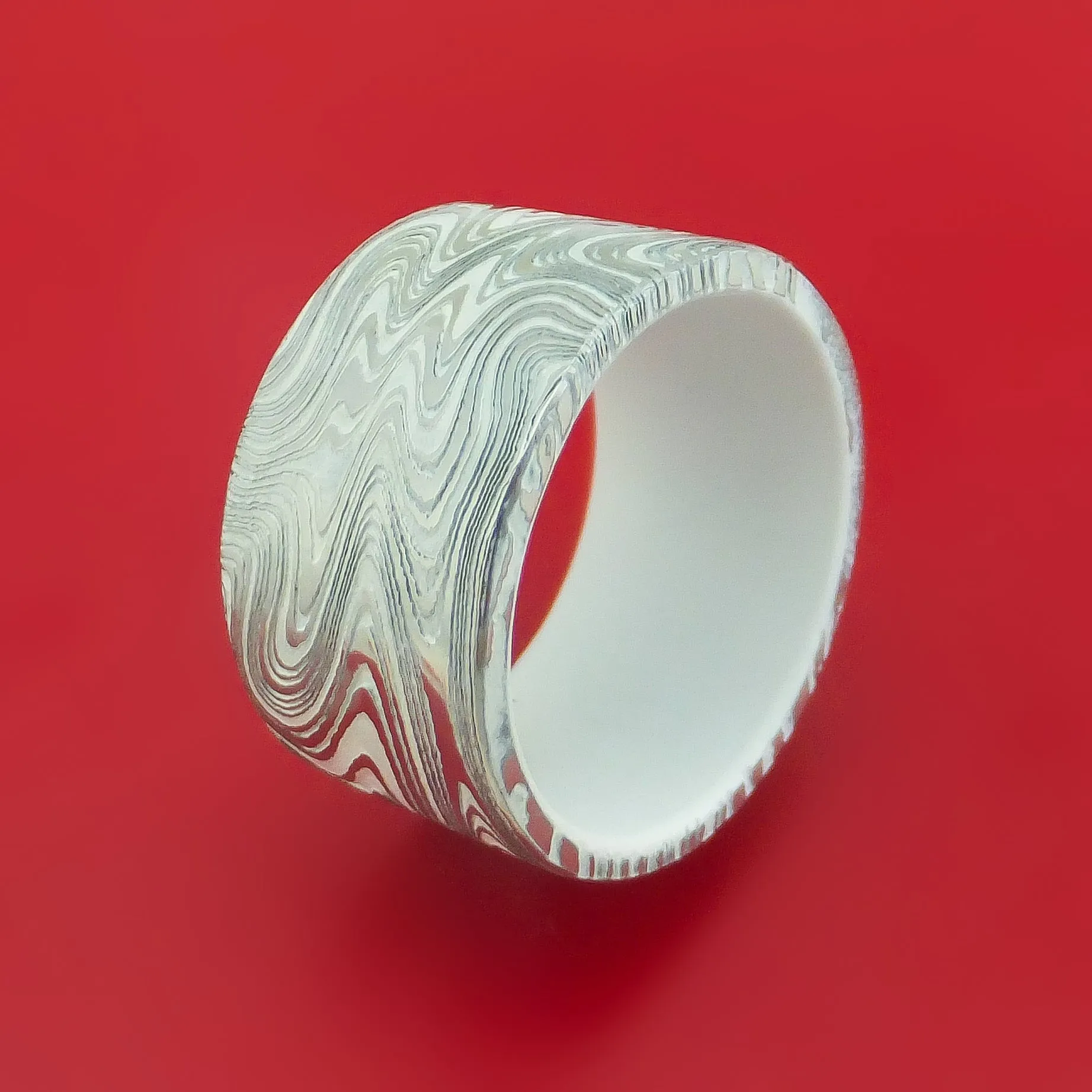 Marbled Kuro Damascus Steel Ring with Cerakote Inlay and Interior Cerakote Sleeve Custom Made Band