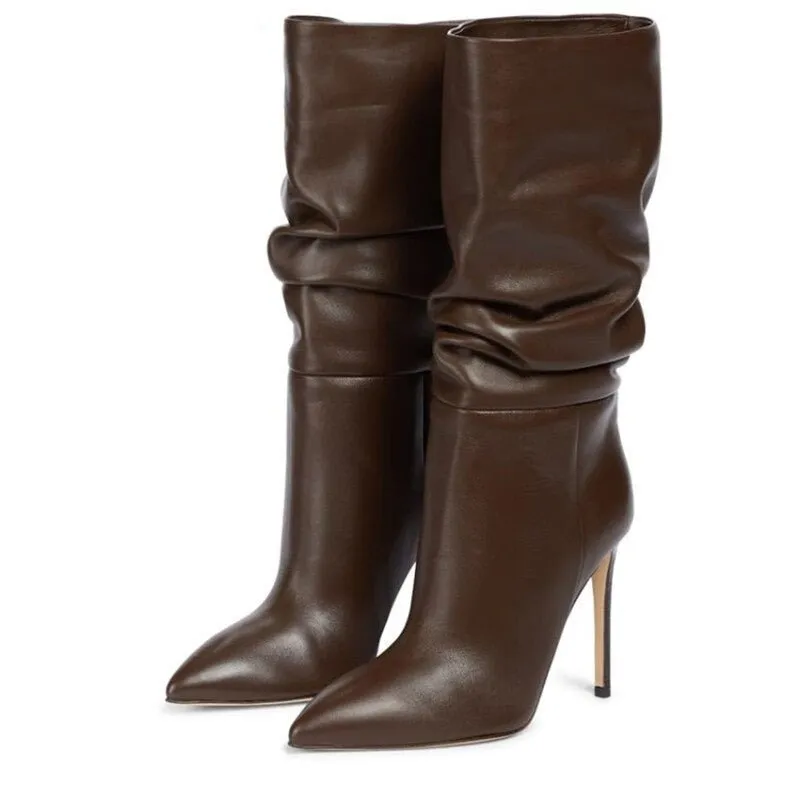 Mid Calf Boots Femme Pointed Toe High Heels Knight Boots